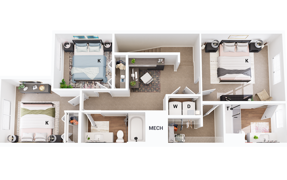 Townhouse 1 - 3 bedroom floorplan layout with 2.5 bathrooms and 1510 square feet (Floor 2)