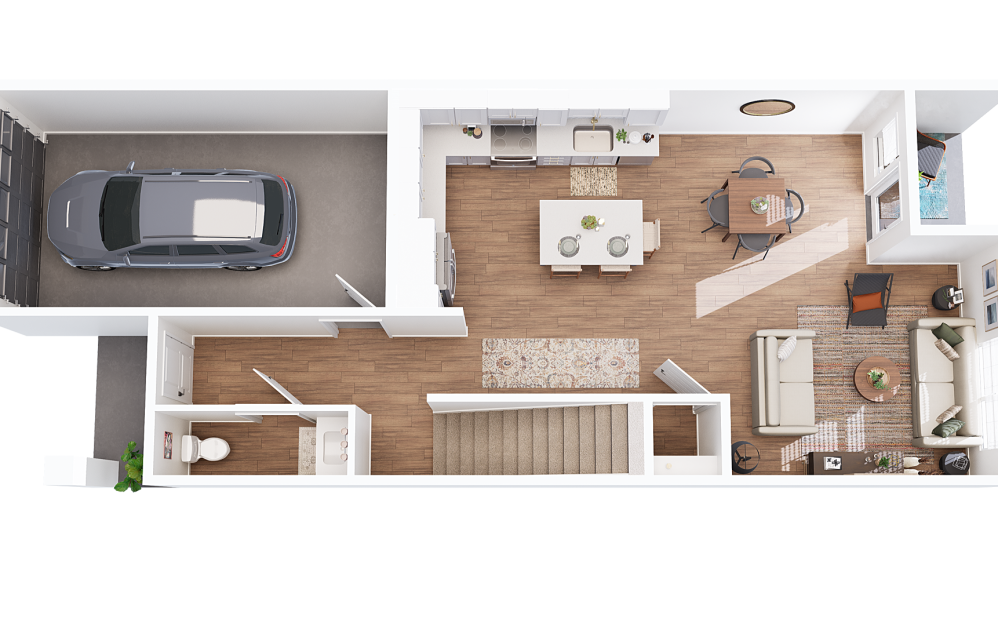 Townhouse 3 - 3 bedroom floorplan layout with 2.5 bathrooms and 1564 square feet (Floor 1)