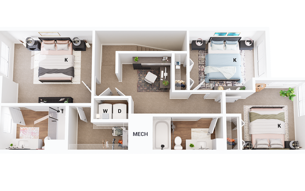 Townhouse 3 - 3 bedroom floorplan layout with 2.5 bathrooms and 1564 square feet (Floor 2)