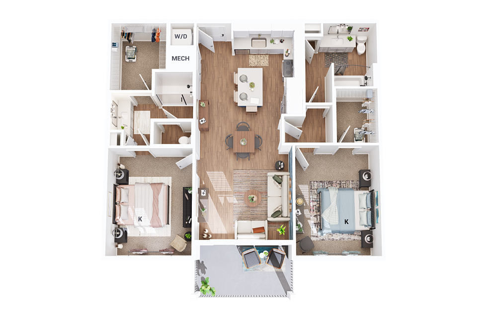 B1 - 2 bedroom floorplan layout with 2 bathrooms and 1112 square feet