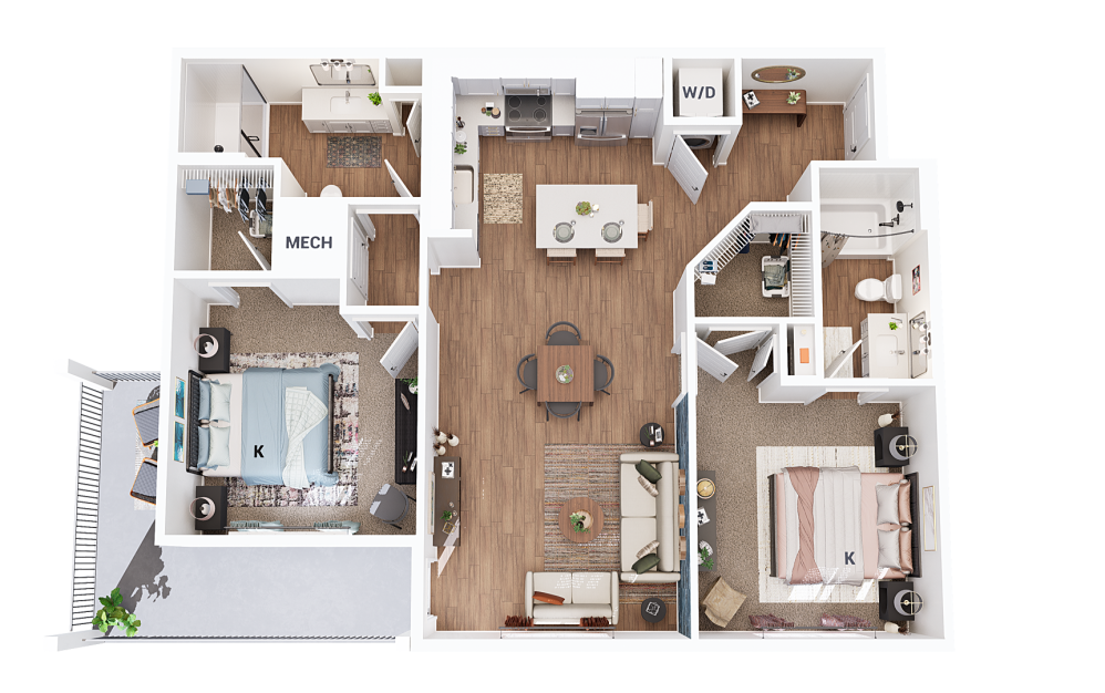 B2 - 2 bedroom floorplan layout with 2 bathrooms and 1106 square feet