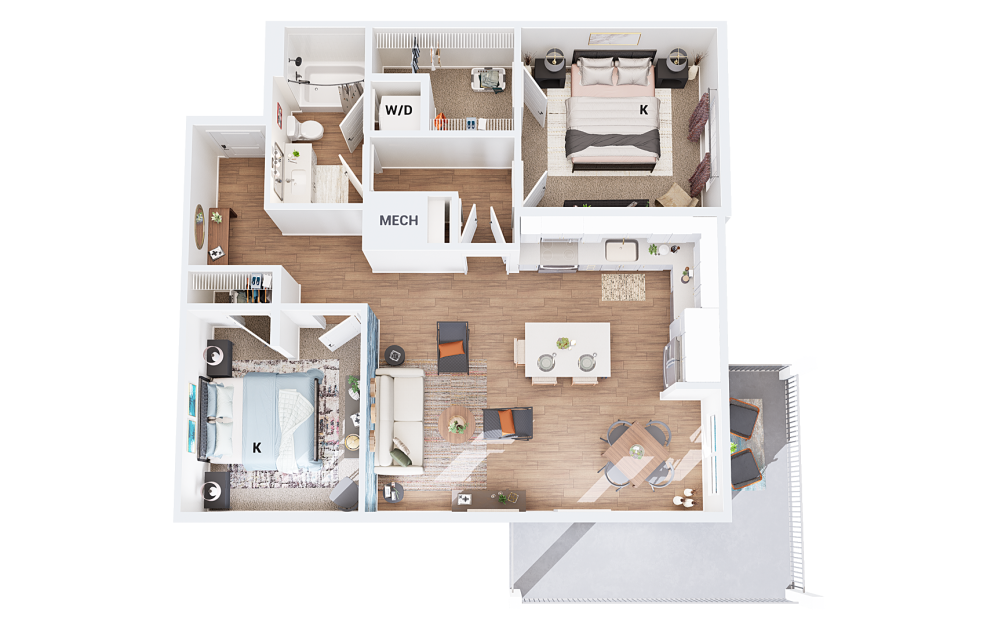 B3 - 2 bedroom floorplan layout with 1 bathroom and 995 square feet