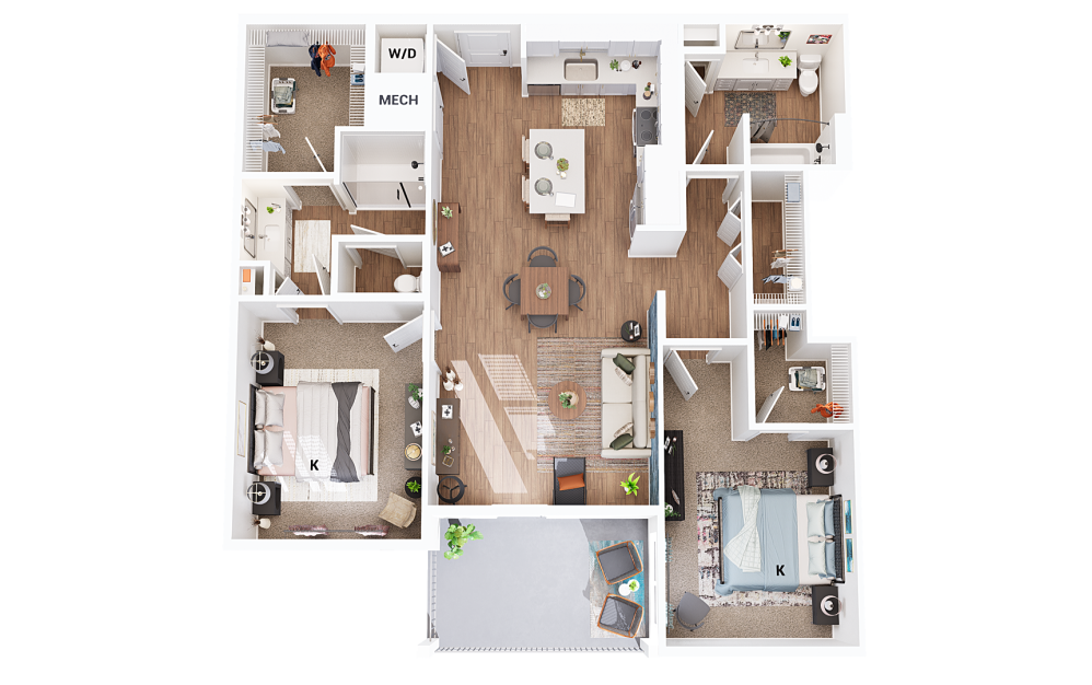 B4 - 2 bedroom floorplan layout with 2 bathrooms and 995 square feet